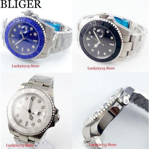 Fashional BLIGER Nologo Black / White/Blue Dial Stainless Steel Mens Watch Mental Strap 40mm Silver Color Case Sapphire Glass