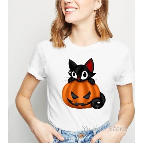 Harajuku kawaii cat pumpkin animal print tee shirt femme halloween tshirt women’s summer clothing 2019 tops camiseta streetwear