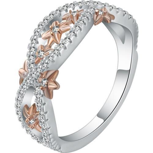 Exquisite Rose Gold Small Flower Ring Femme White Gold Filled Bijoux Cubic Zirconia Cross Design Party Cocktail Ring Women Anel