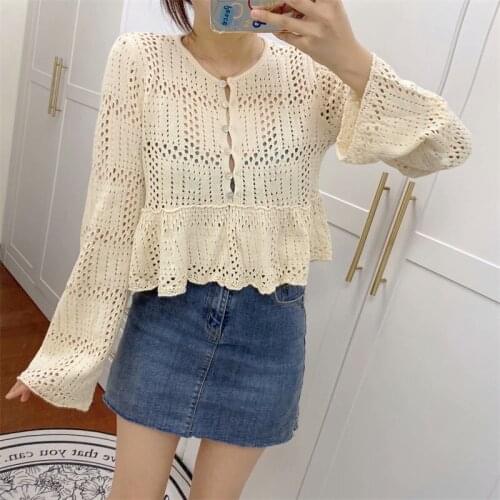 MESTTRAF Women 2021 Fashion Hollow Out Cropped Knit Crochet Sweater Vintage Flare Sleeve Button-up Female Pullovers Streetwear