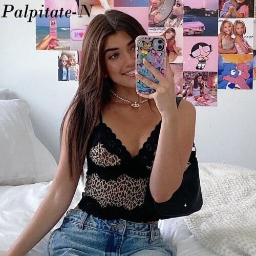 Lace Edge Cute Kawaii Clothes Sweety Girls' Y2K Crop Top Female Sleeveless V Neck Slim Sexy Leopard Top 90s Clubwear