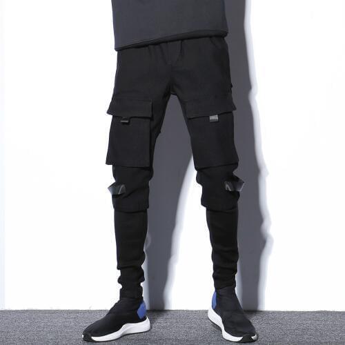 #1707 Black Streetwear Cargo Pants Men Multi Pockets Pants Hip Hop Pants Patchwork Fake Two Piece Men Jogger With Side Pockets