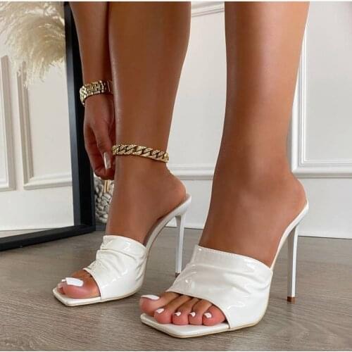 New Arrival Summer Women Slippers Slides Pleated Open Toe Thin High heels Shoes Sandal Female Dress Party Shoes White