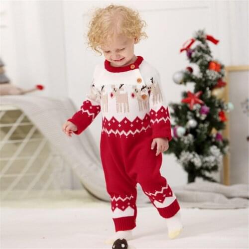 New Cute Christmas Infant Romper Babies Girls Boys Long Sleeve Elk Printed Pattern Round Collar Jumpsuit Red/ Dark Blue