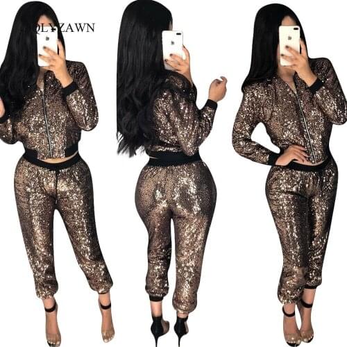 Autumn Winter Sequin 2 Piece Set Women Tracksuit Long Sleeve Jacket Top Pants Suit Streetwear Sparkly Matching Sets Club Outfits