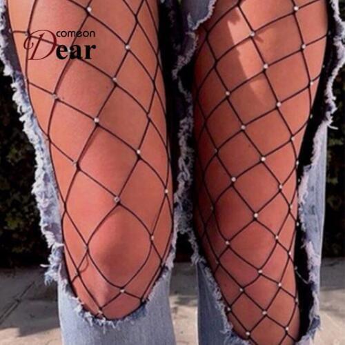 Comeondear Sexy Fishnet Stocking Fashion Sparkle Shiny Diamond Large Mesh Net Pantyhose Women Female Thigh High Plus Size HA3240