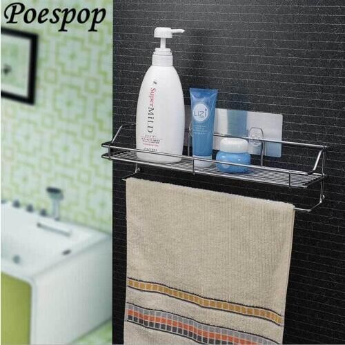 POSEPOP Bathroom Storage Shelves Stainless Steel Suction Kitchen Corner Storage Rack Organizer Shower Shelf With Towel Bar