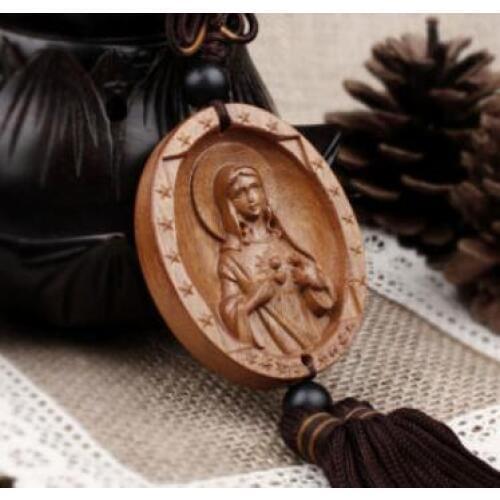 Wood Carving Madonna Virgin Mary Goddess Mother of God Statue Car Pendant Amulet