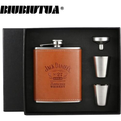 BIUBIUTUA 7oz Luxury Stainless Steel Alcohol Hip Flasks Set Whiskey Bottle Leather Flagon Wine Gift Flask Set Mini Flask For Man