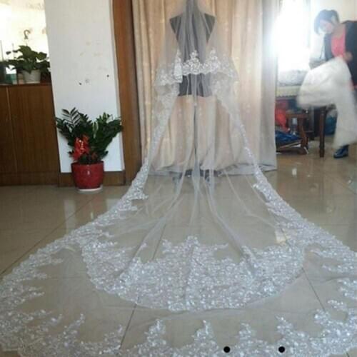 Luxury Real Image Wedding Veils Three Meters Long Veils Lace Applique Crystals Two Layers Cathedral Length Cheap Bridal Veil