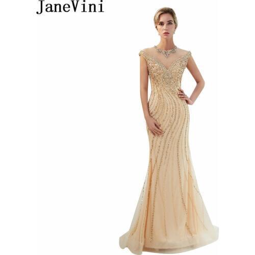 JaneVini Luxury Prom Dress 2018 Sexy Champagne Tulle Bridesmaid Dresses O-Neck Illusion Back Beading Mermaid Formal Party Gowns