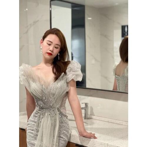 Luxury Silver Nude Mermaid Muslim Evening Dresses 2021 Long Sleeve Dubai African Prom Dress for Women Wedding Party Gown