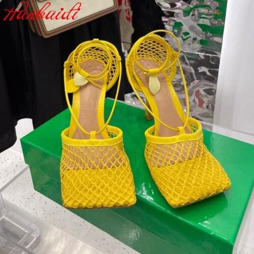 Women Sandals Cut Out Mesh Square Toe Thin High Heels Sexy Ladies Dress Party Shoes Runway Summer Leather Cross-Tied Woman Pumps