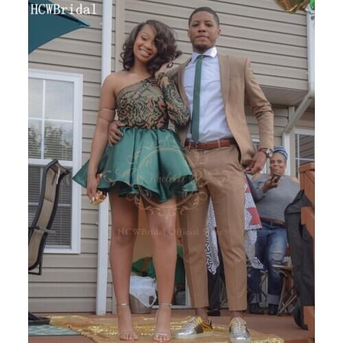 Sexy Short Dark Green Prom Dresses One Shoulder Long Sleeve Sequin Satin Plus Size Black Girl Special Party Dress Robe De Soiree