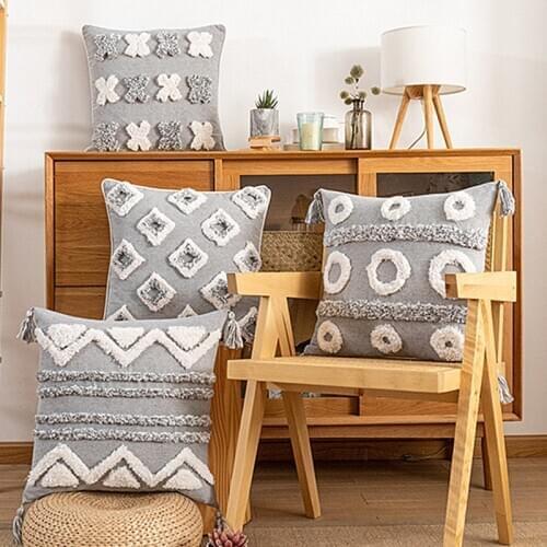 Grey Geometric Embroidery Cushion Cover Tassels Home Decor Pillow Cover 45x45cm Diamond Circle Sofa PillowCase Pillow Sham