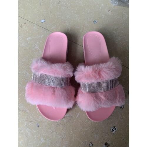 2020 Bling Women Plush Slippers Fur Slides Rhinestones Female Glitter Shoes Platform Flat Womens Footwear Big Size 43