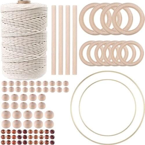 Natural Macrame Cord with Wood Beads Wood Ring and Wooden Stick for Crafts,DIY Plant Hangers,Pet Toys, Soft Undyed Craft Cord