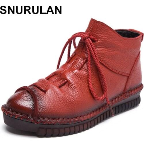 SNURULAN 2018 Women Shoes Genuine Leather Women Boots Martins Vintage Lace Up Ankle Boots Woman Flat Boots Botas Mujer