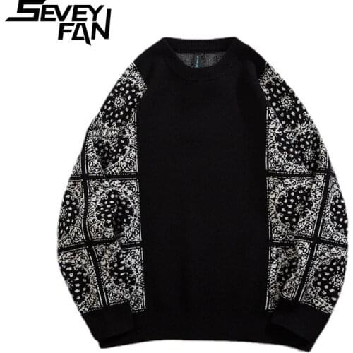 SEVEYFAN Mens Hi Street Cashew Flower Sweater Color Contrast Knitwear Streetwear Cotton Pullover for Couples
