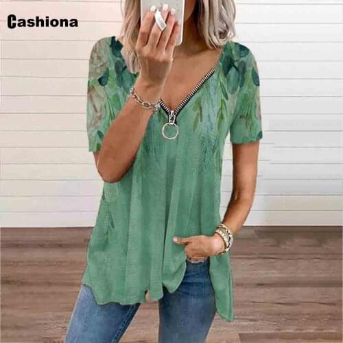 Women Elegant Leisure Casual T-shirt Classic Flower Print Tops Loose 2021 Summer New Patchwork Zipper Tees shirt Femme Clothing