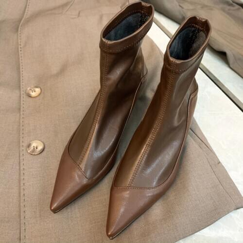 Stretch Boots for Women Pointed Toe Thin Mid Heels Slip On Ankle Boots Soft Leather Ladies Short Boots Fashion Autumn Boots