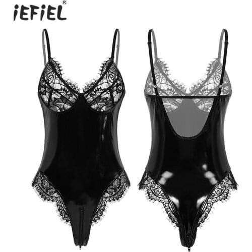 Women Lingerie Crotchless Latex Catsuit Bodysuit Wet Look Leather Zippered Open Crotch Bodysuit Crossdressing Sissy Teddy Body