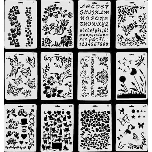 12PCS Mandala Stencil Hollow Out Butterfly Flower Drawing Stencil Templates for Scrapbook Photo Album Card Decorative Templates