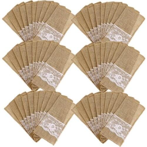 75Pcs Burlap Lace Cutlery Pouch Rustic Wedding Tableware Knife Fork Holder Bag Hessian Jute Table Decoration Accessories
