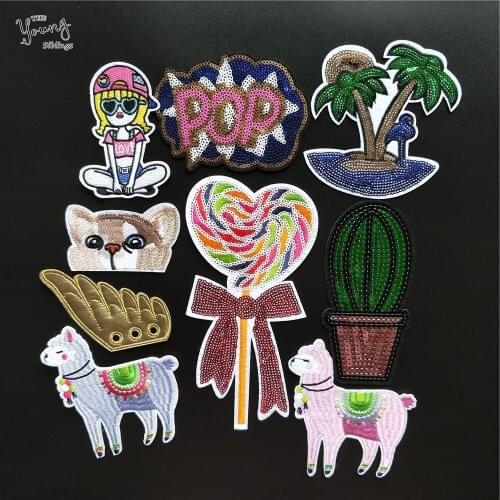 Cartoon Sewing Clothes Sequins Iron On Patch heart Cactus Embroidery Patches for Girl Garment Stickers Badges DIY Accessories