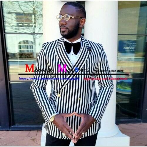 White Blazers Jacket Pants 2 Pieces Set / 2021 Fashion Men Slim Boutique Business Casual Wedding Groom Striped Dress Suit Coat
