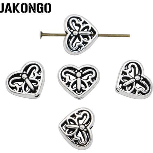JAKONGO Antique Silver Plated Heart Butterfly Spacer Beads for Jewelry Making Bracelet DIY Accessories Craft 20pcs