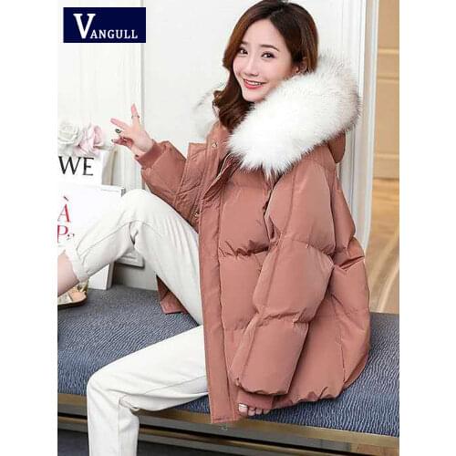 Vangull Womens Short Cotton Coat Loose Korean Thicken Padded Clothes Winter New Loose Rabbit Faux Fur Collar Warm Casual Jacket