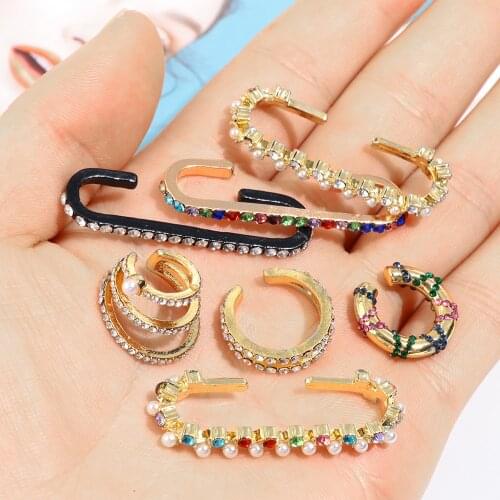 Fashion Multi-turn Pearl Rhinestone Ear Cuff Bohemia CZ Wide Stackable Earcuffs Crystal Ear Climber Earrings For Women Wedding