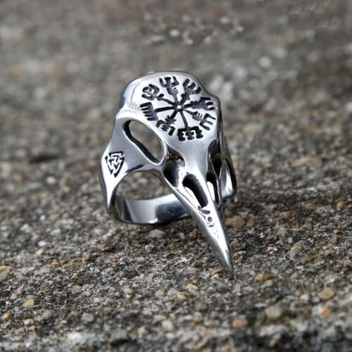 Gothic Nordic Compass Crow Skull Ring For Men Stainless Steel Viking Ring Male Odin Crow Norse Pagan Rings Fashion Jewelry Gift