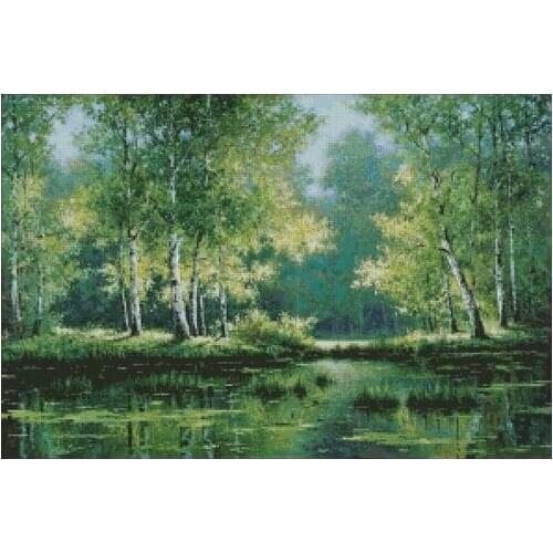 Green Tree Forest By the Small Lake Top Quality Embroidery Needlework 14CT Unprinted Cross Stitch Kits DIY Handmade Home Decor