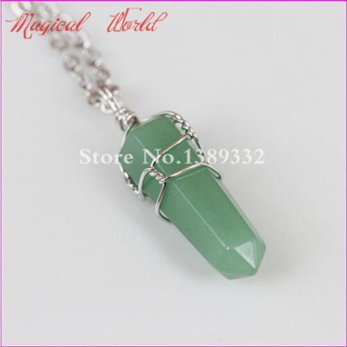 Natural Gems Stone Healing Point Pendant Necklace Wire Wrapped Hexagonal Green Aventurine Quartz Druzy Pendant Necklace