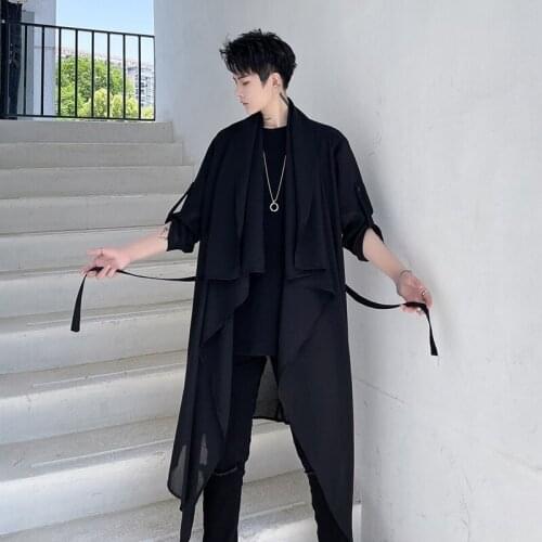 Mens new hair stylist irregular design of the same pair of loose casual medium long short sleeve shirt