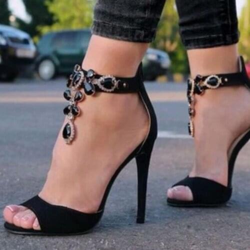Newest Black Crystal Embellished High Heel Sandal 2020 Woman Sexy Peep Toe Ankle Strap Shoe Black Suede Party Heels