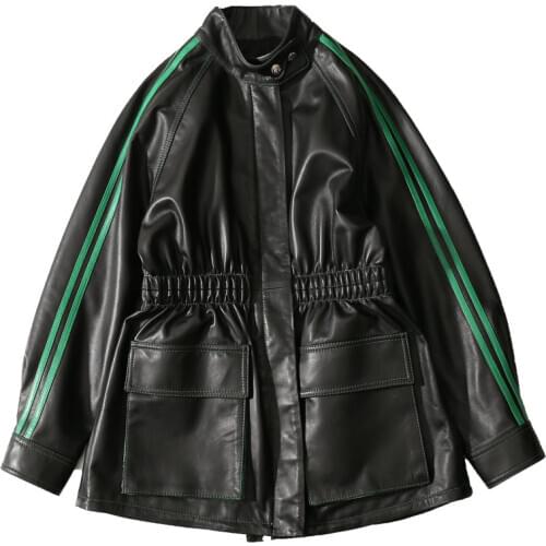 2020 spring new genuine leather womens mid-length contrast color sheepskin casual genuine leather jacket loose jacket tide