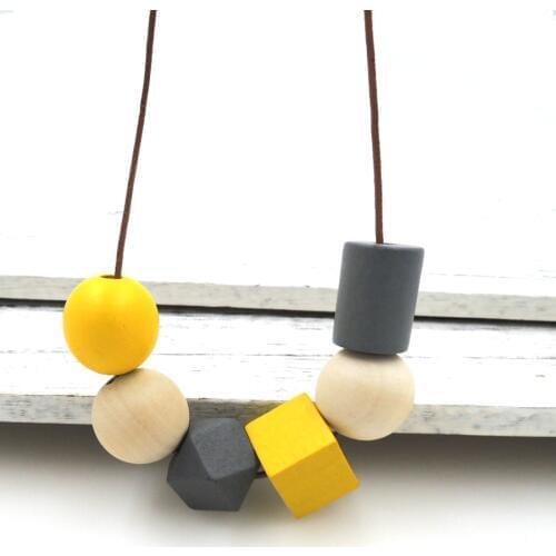 Grey yellow necklace, eco friend wooden beads ball beaded statement necklace color block minimalist cube tube grey yellow NW732