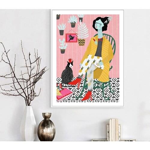 Nordic Modern Womana and Cat Abstract Personality Canvas Painting Art Print Poster Picture Wall Living Room Home Decor