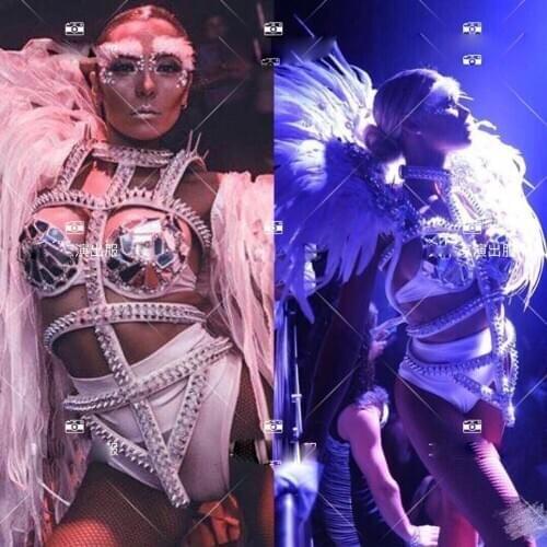 Sexy stage singer costumes Night DJ party dance team female gogo white feather shoulderwear rivet hollow fishbone costume suit