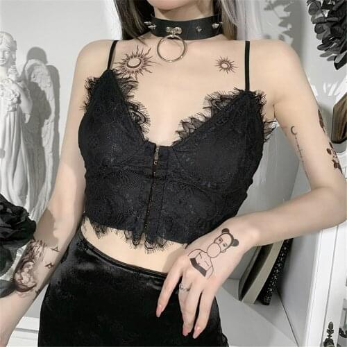 DAILOU Goth V Neck Strap Corset Top Fashion Nylon Lace Punk Style Crop Top Summer Sexy Bodycon Slim Tops Female Gothic Clothes