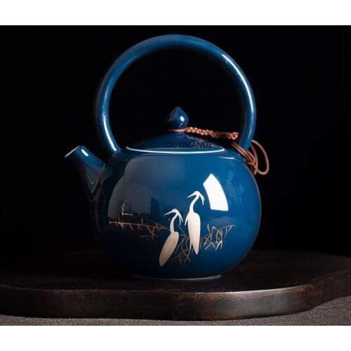 Traditional Chinese Style 230ml Handmade Egret Blue Ceramic Teapot China Porcelain Tea Set Tea Kettle