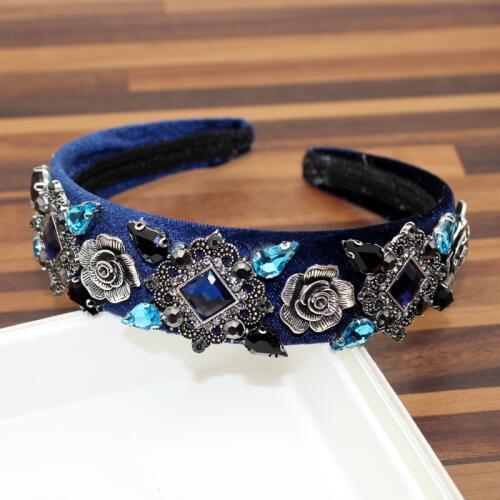 Vintage Luxury Hair Accessories Navy Blue Crystal Flower Headband Black Rhinestone Women Hairband For Wedding Party