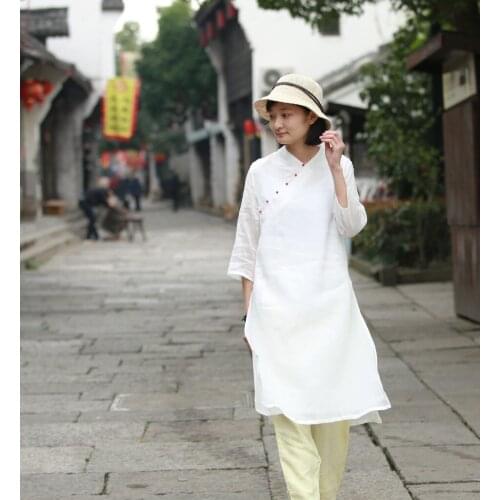 Y773 A Summer Improvement Cheongsam Jade Buckle Self-cultivation Thin Ramie One Used Dress V Lead Double-deck h190416