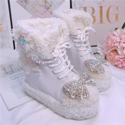 Womens Round Toe Lamb Fur Ankle Boots Rhinestones Crystal Bowknot Wedge High Heel Platform Lolita Sweet Shoes White 2021 New