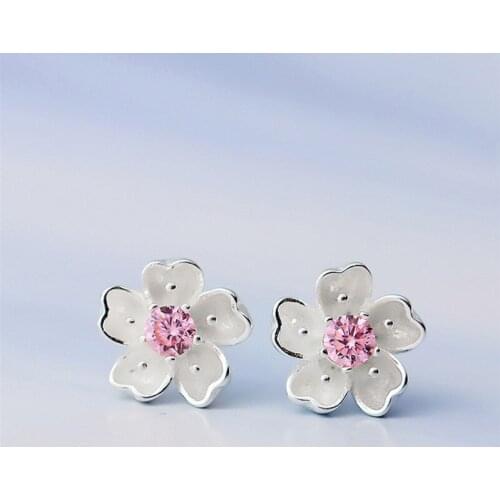 Woman Earrings Jewelry Brand Purple/Pink Cubic Zirconia Sakura Flowers Stud Earrings For Female Girl Cute Romantic Jewelry
