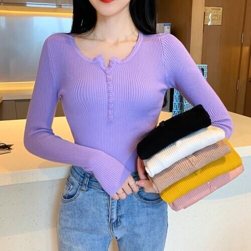 Autumn Winter Button V Neck Sweater Single Breasted Women Basic Slim Pullover Women Sweaters Knit Jumper Ladies Tops Knitwear