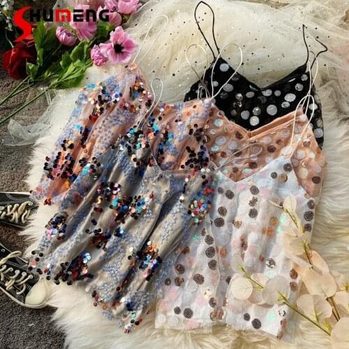 2021 Summer New Sexy Women Shiny Sequins Tops Outerwear Loose V-neck Sequin Sling Halter Club Vest Top for Women Ropa De Mujer
